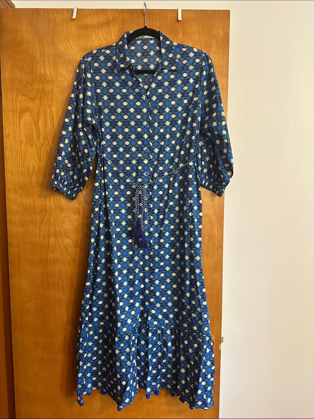 Khaadi Cotton Blue Printed Button-Front Maxi Dress with Collar and Tassel Tie